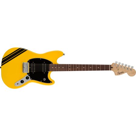 Fender Squier FSR Bullet Competition Mustang HH, LRL, Black Pickguard, Graffiti Yellow with Black Stripes