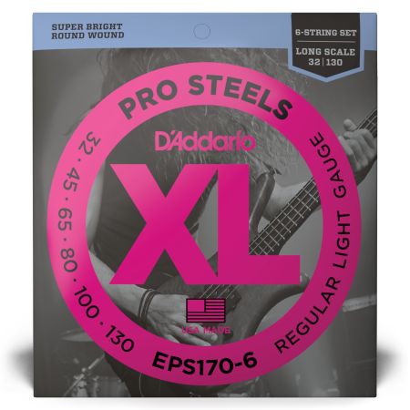 D'Addario EPS170-6 6-String ProSteels Bass Guitar Strings, Light, 30-130, Long Scale
