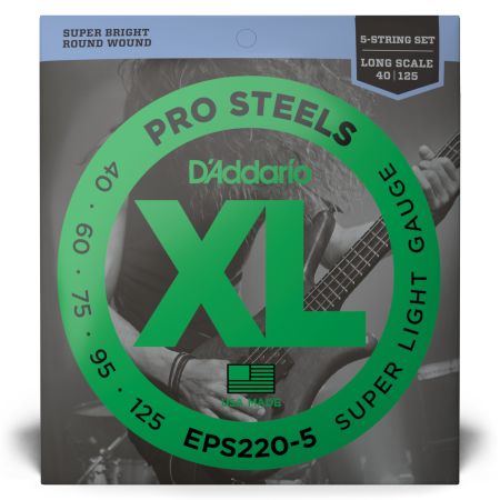 D'Addario EPS220-5 5-String ProSteels Bass Guitar Strings, Super Light, 40-125, Long Scale