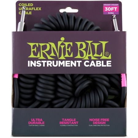 Ernie Ball 6044 Instrument Cable Coiled Ultraflex Straight/Straight - Black - 9.14 m (30')
