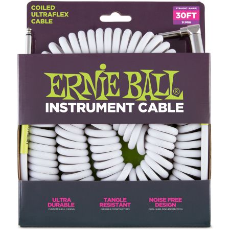 Ernie Ball 6045 Instrument Cable Coiled Ultraflex Straight/Angle - White - 9.14 m (30')