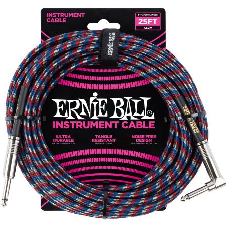 Ernie Ball 6063 Instrument Cable Straight/Angle - Blue/Red/White - 7.62 m (25')