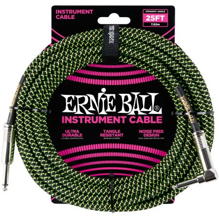 Ernie Ball 6066 Instrument Cable Straight/Angle - Black/Neon Green - 7.62 m (25')