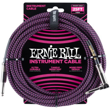 Ernie Ball 6068 Instrument Cable Straight/Angle - Black/Neon Violet - 7.62 m (25')