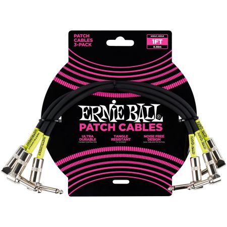 Ernie Ball 6075 Patch Cable Angle/Angle - Black - 30 cm (1') - 3 Pack