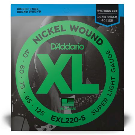 D'Addario EXL220-5 5-String Nickel Wound Bass Guitar Strings, Super Light, 40-125, Long Scale